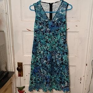 Tahari Blue and Green Floral Lace Midi Dress